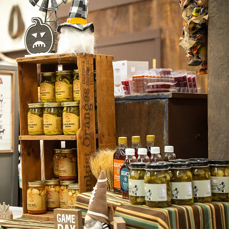 Festive farm displays of jar goods, and fall decor at the Appleberry Orchard's Farm Market