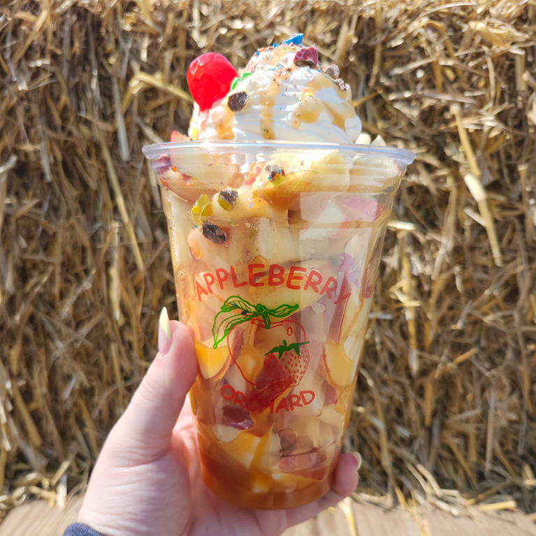 A cup of sliced apple drizzled with caramel, whipped cream, sprinkles, mnms, and a cherry.
